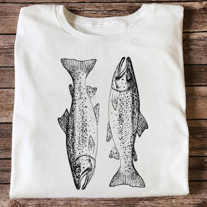 Two Salmon Vintage Line Art Fishing Graphic T-Shirt