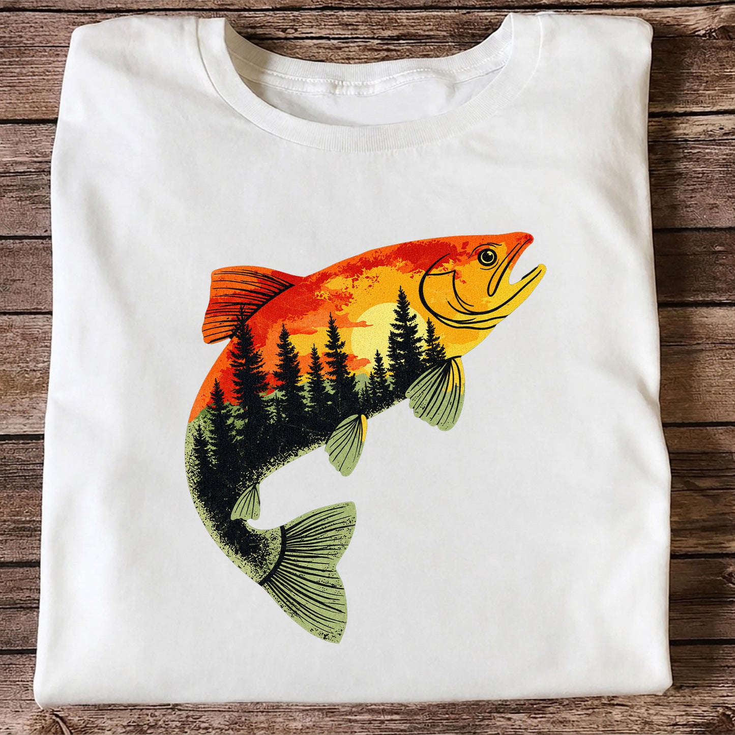 Sunset Forest Trout Fishing Graphic T-Shirt