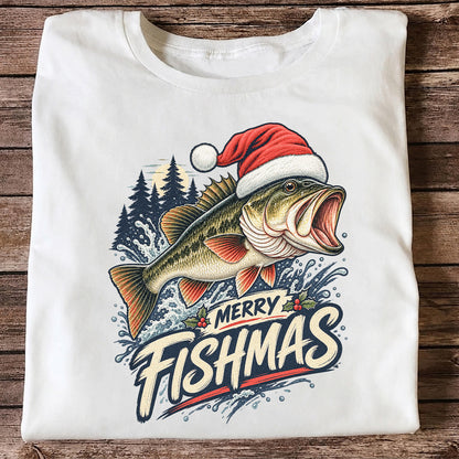 Merry Fishmas Santa Hat Largemouth Bass Fishing T-Shirt