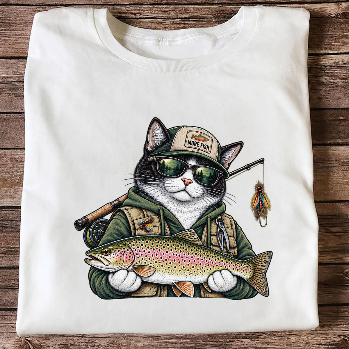 Cat Holding Rainbow Trout Fishing Graphic T-Shirt