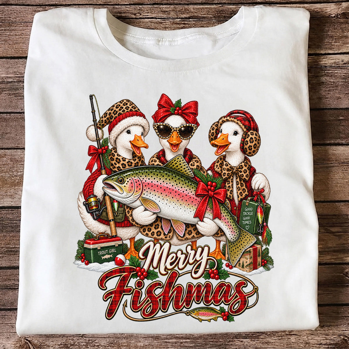 Merry Fishmas Christmas Ducks with Rainbow Trout Fishing T-Shirt