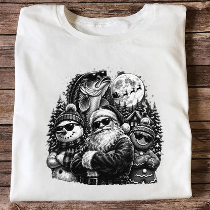 Santa Snowman Gingerbread and Bass Christmas Fishing T-Shirt