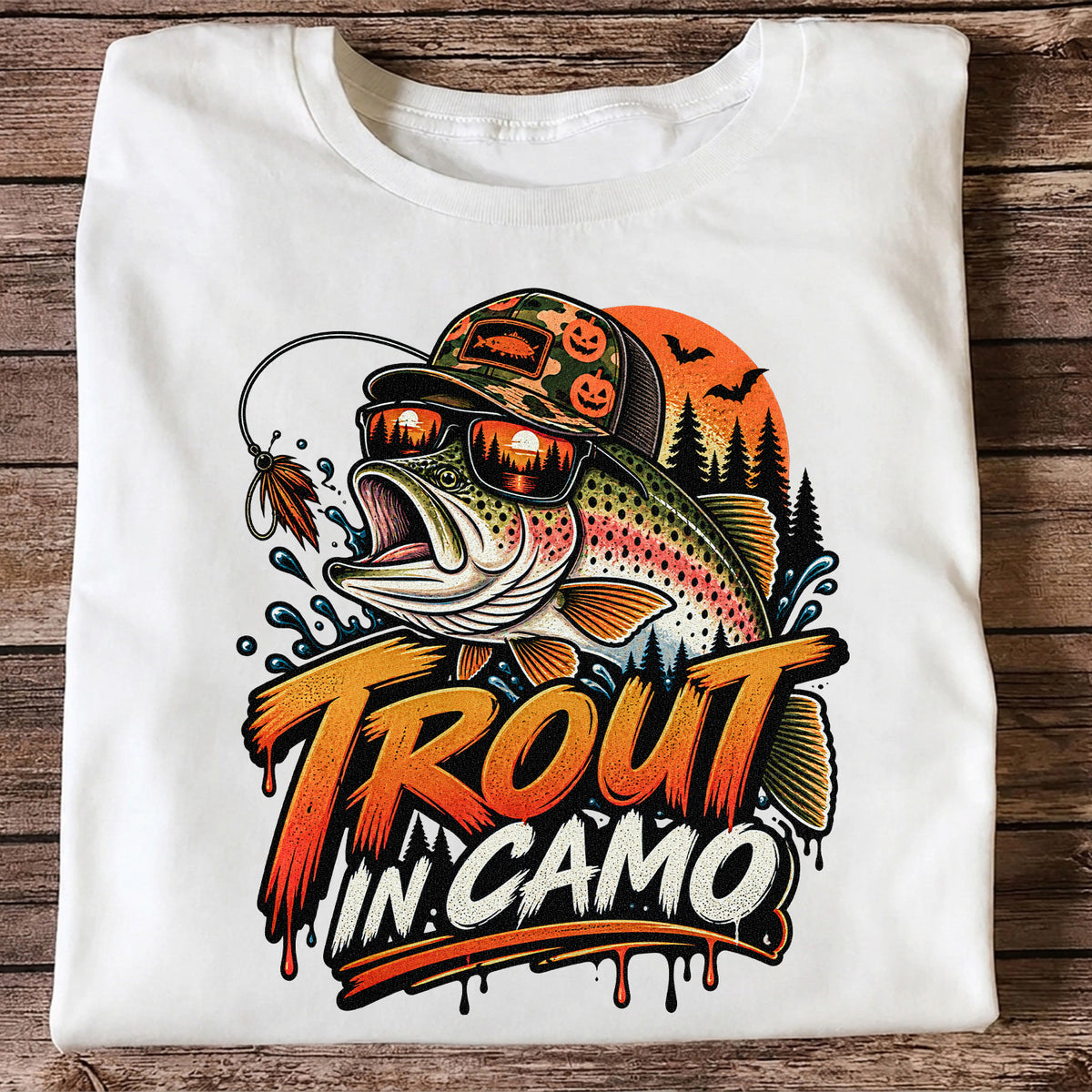Trout in Camo Halloween Rainbow Trout Fishing Graphic T-Shirt
