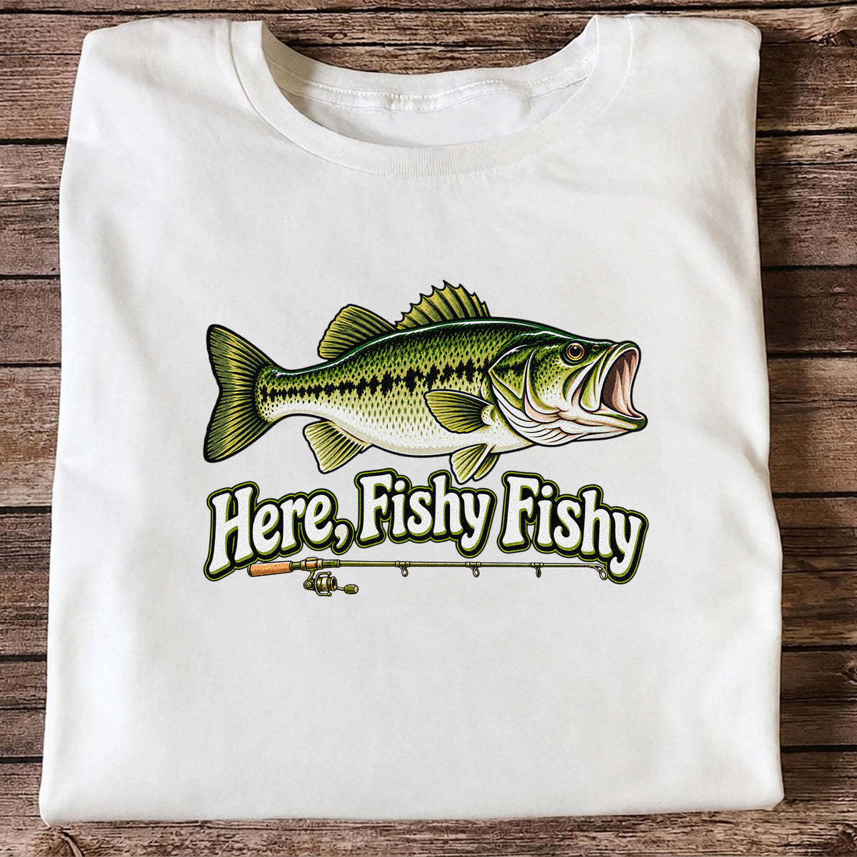Here Fishy Fishy Funny Largemouth Bass Fishing Graphic T-Shirt