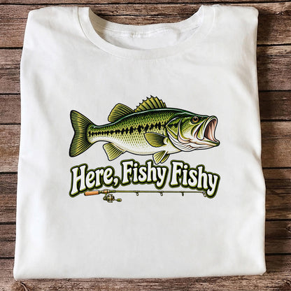 Here Fishy Fishy Funny Largemouth Bass Fishing Graphic T-Shirt