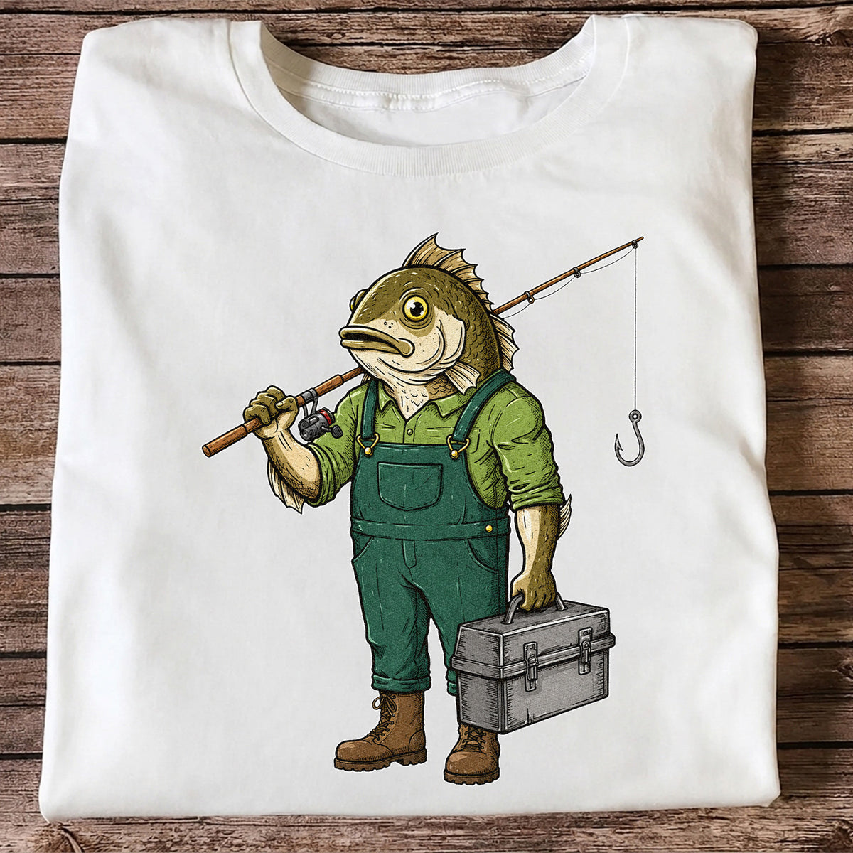 Funny Bass Fisherman Carrying Tackle Box Graphic T-Shirt