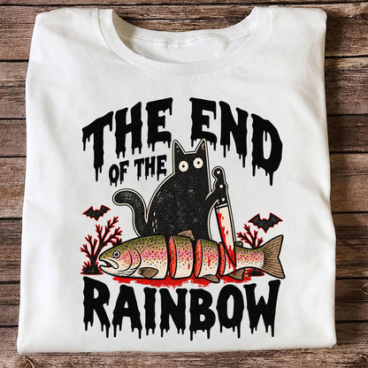The End of the Rainbow Black Cat and Rainbow Trout Halloween Fishing T-Shirt