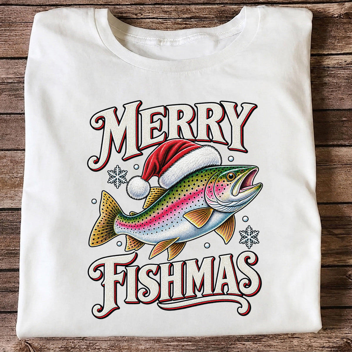 Merry Fishmas Rainbow Trout in a Santa Hat Christmas Fishing T-Shirt