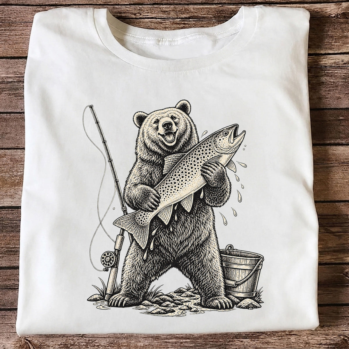 Bear Holding Trout Fishing Graphic T-Shirt
