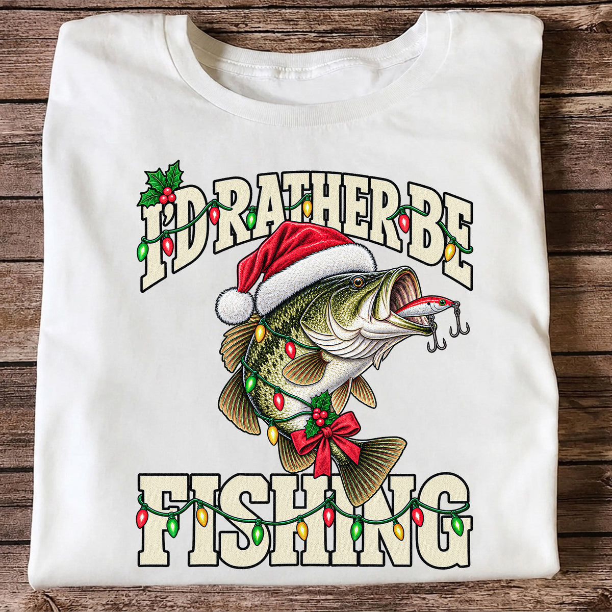 Santa Hat Bass Christmas Fishing Graphic T-Shirt