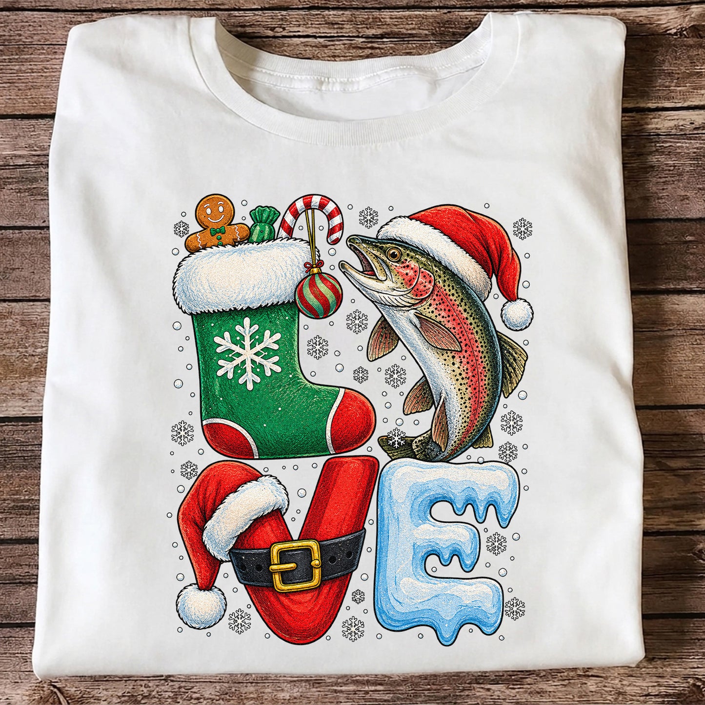 Christmas LOVE Rainbow Trout and Stocking Fishing Graphic T-Shirt