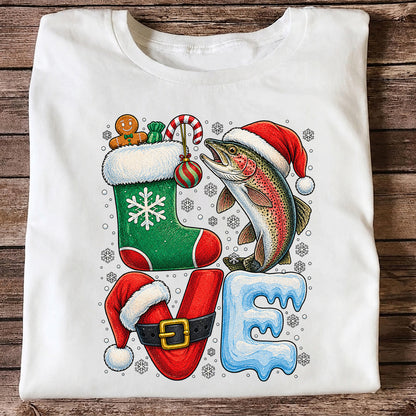 Christmas LOVE Rainbow Trout and Stocking Fishing Graphic T-Shirt