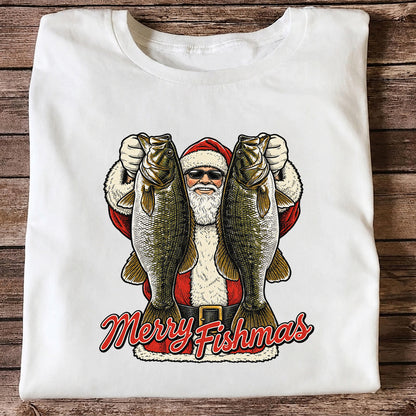 Santa Holding Bass Christmas Fishing Graphic T-Shirt