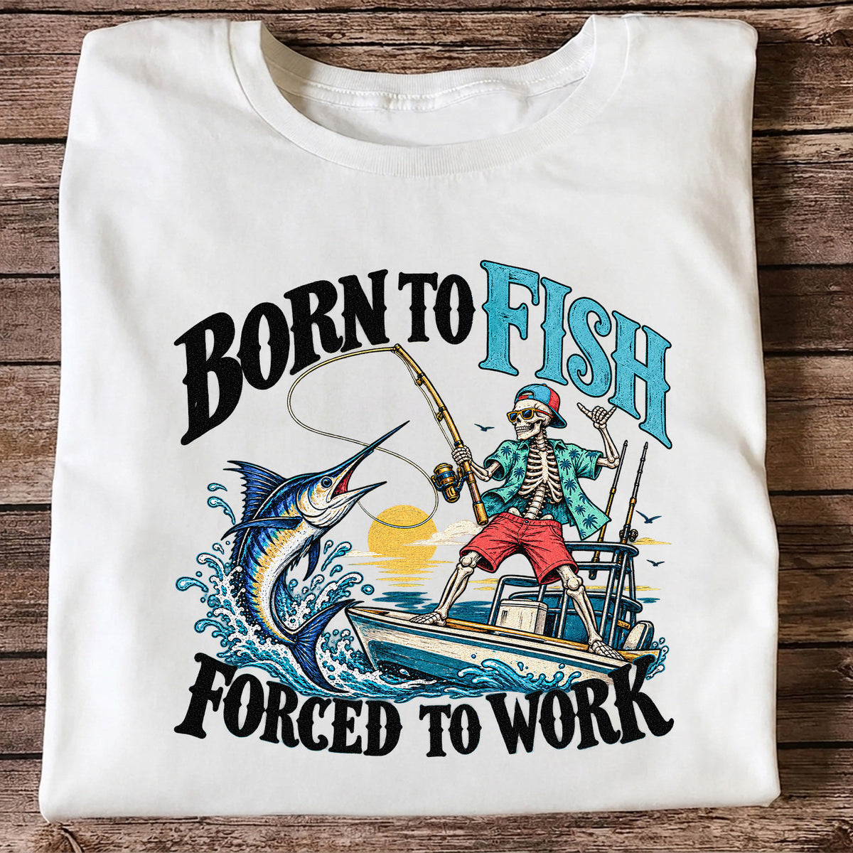 Skeleton Marlin Fishing Boat Graphic T-Shirt