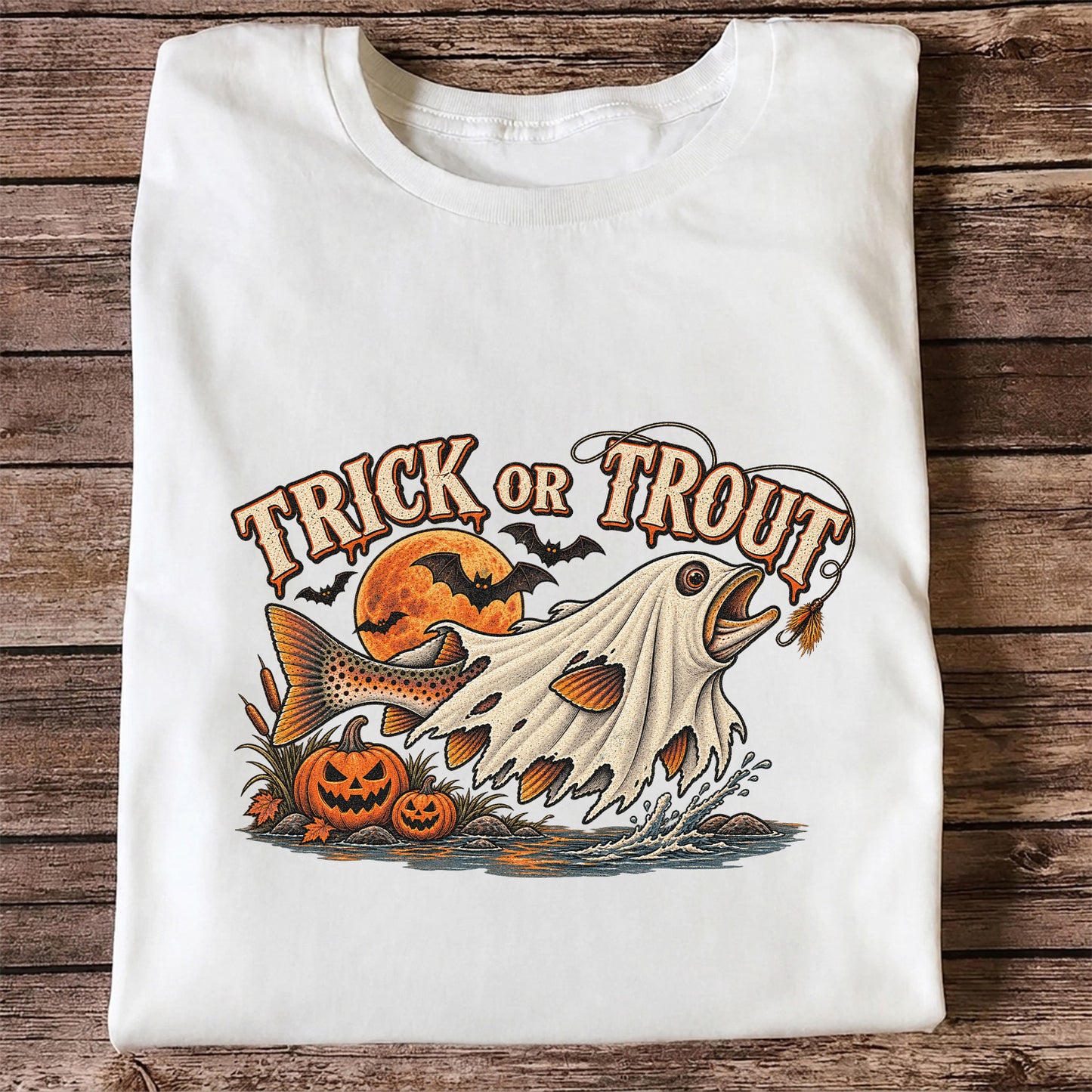 Trick or Trout Ghost Fish Halloween Fishing T-Shirt
