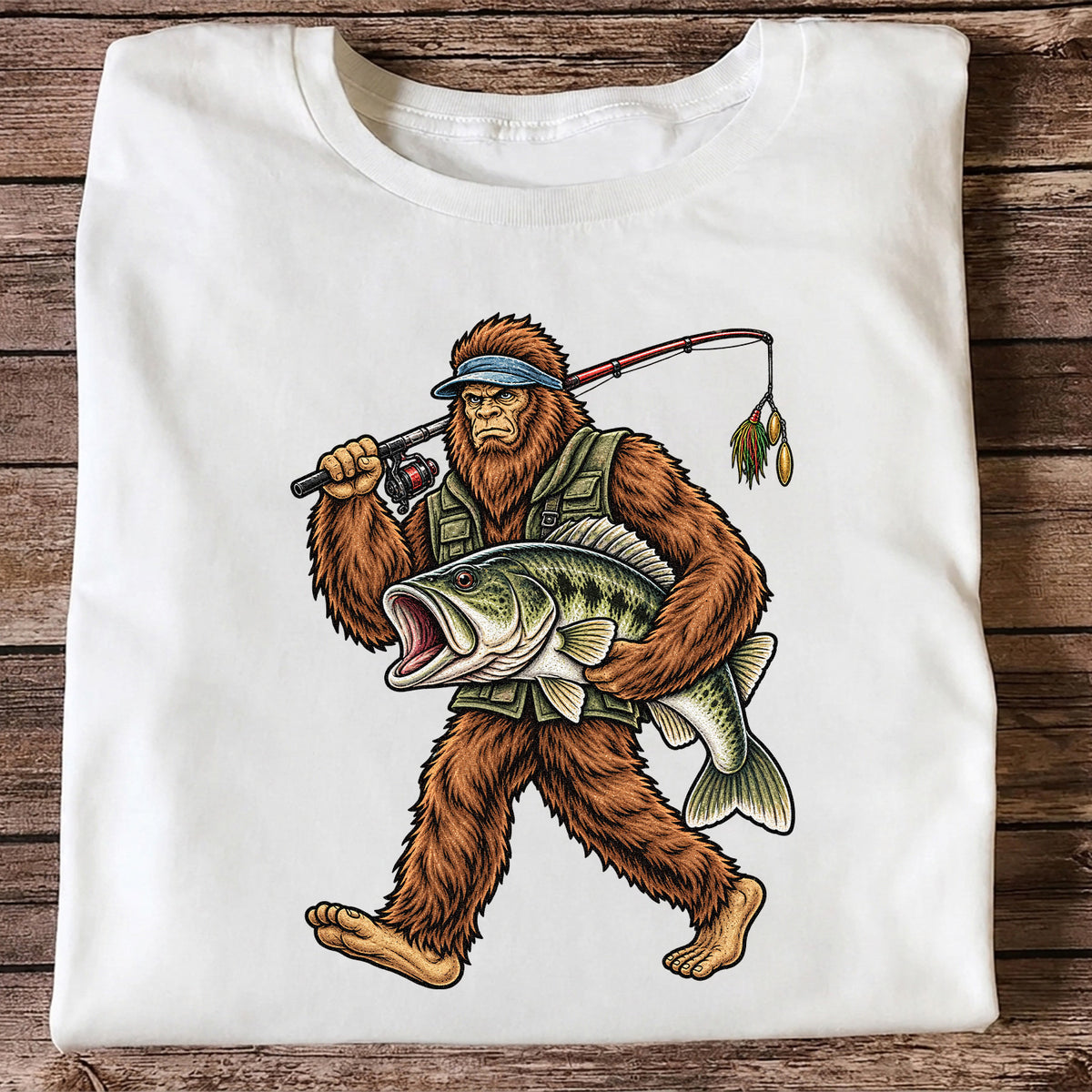 Bigfoot Holding a Largemouth Bass Fishing Graphic T-Shirt