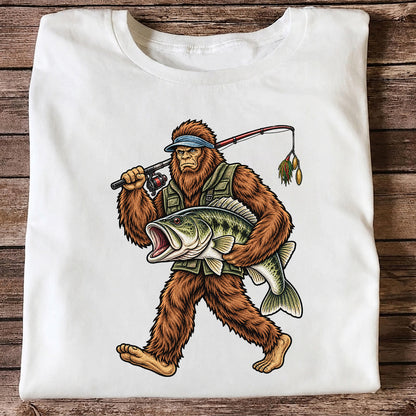 Bigfoot Holding a Largemouth Bass Fishing Graphic T-Shirt