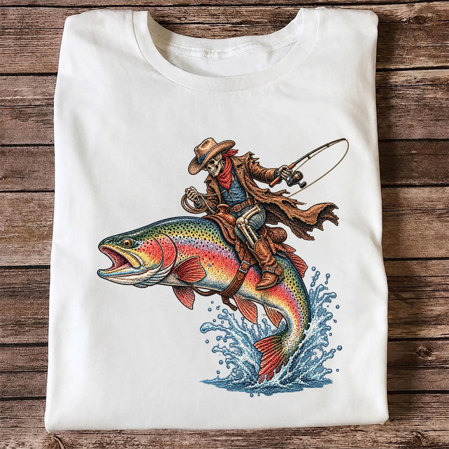 Skeleton Cowboy Riding a Rainbow Trout Fishing Graphic T-Shirt