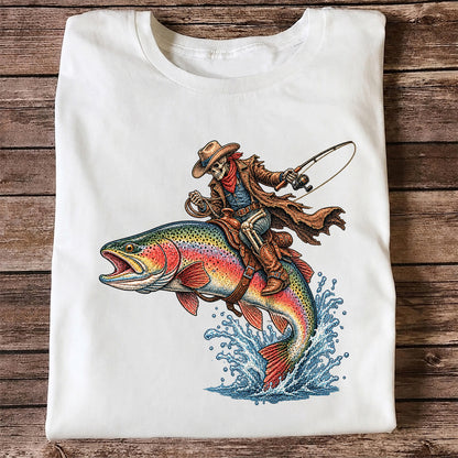 Skeleton Cowboy Riding a Rainbow Trout Fishing Graphic T-Shirt