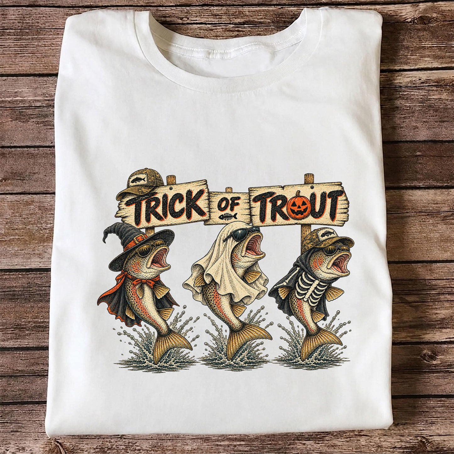 Trick or Trout Halloween Three Trout Fishing T-Shirt