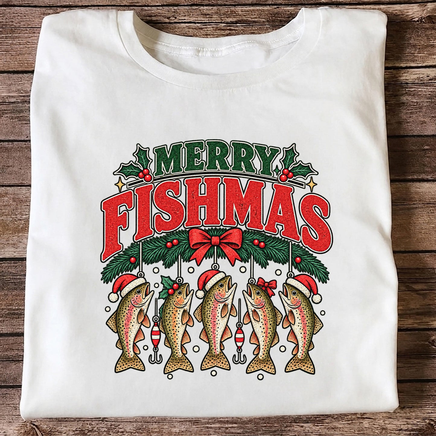 Merry Fishmas Christmas Rainbow Trout Fishing T-Shirt