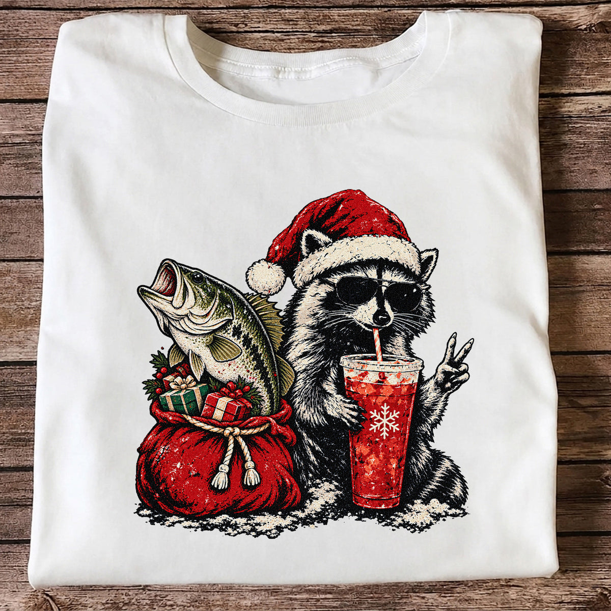 Santa Raccoon Sharing a Bass Christmas Fishing Graphic T-Shirt