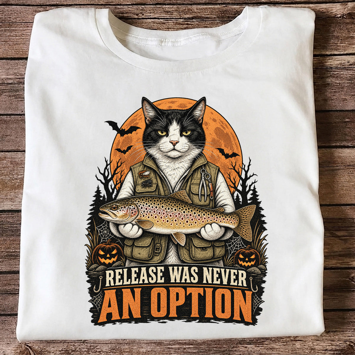 Release Was Never an Option Cat Holding Brown Trout Halloween Fishing T-Shirt