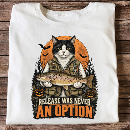 Release Was Never an Option Cat Holding Brown Trout Halloween Fishing T-Shirt