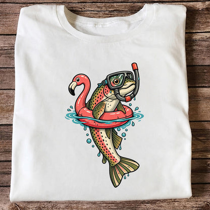 Rainbow Trout Snorkeling in a Flamingo Float Fishing Graphic T-Shirt