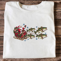 Santa in a Sleigh Pulled by Bass Christmas Fishing Graphic T-Shirt