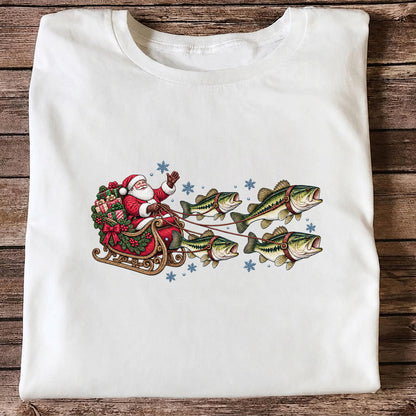 Santa in a Sleigh Pulled by Bass Christmas Fishing Graphic T-Shirt