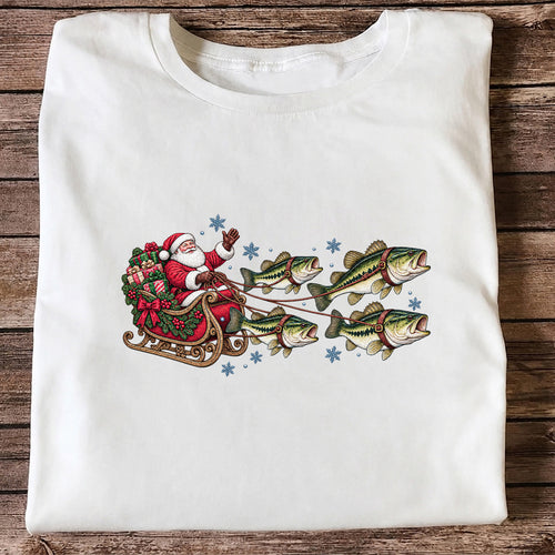 Santa in a Sleigh Pulled by Bass Christmas Fishing Graphic T-Shirt