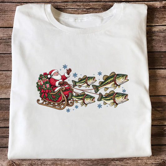 Santa in a Sleigh Pulled by Bass Christmas Fishing Graphic T-Shirt