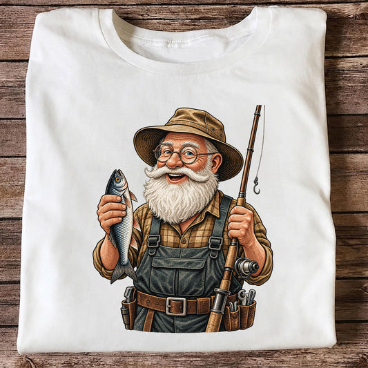 Bearded Angler Holding a Fish and Fishing Rod Graphic T-Shirt
