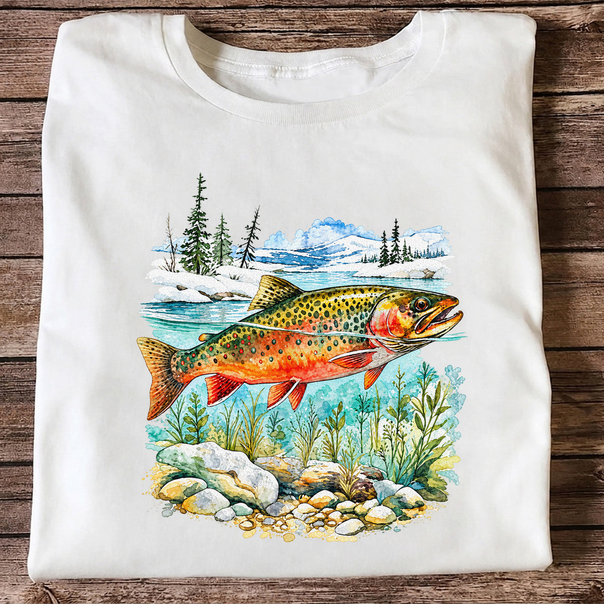 Brown Trout in Mountain River Watercolor Fishing Graphic T-Shirt