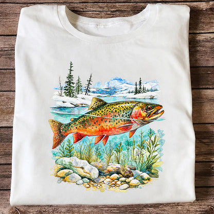 Brown Trout in Mountain River Watercolor Fishing Graphic T-Shirt