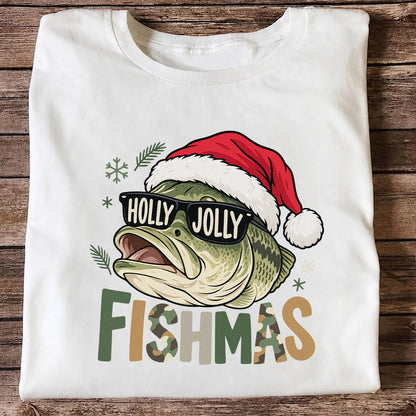 Bass Wearing Santa Hat and Holiday Glasses Fishing Graphic T-Shirt