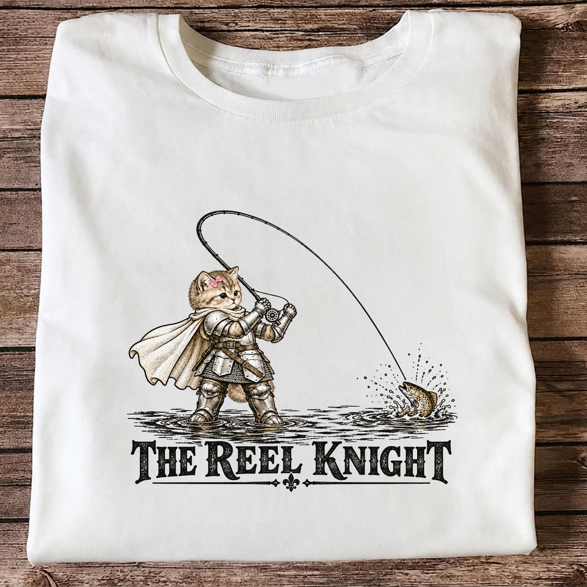 The Reel Knight Cat in Armor Funny Fishing Graphic T-Shirt