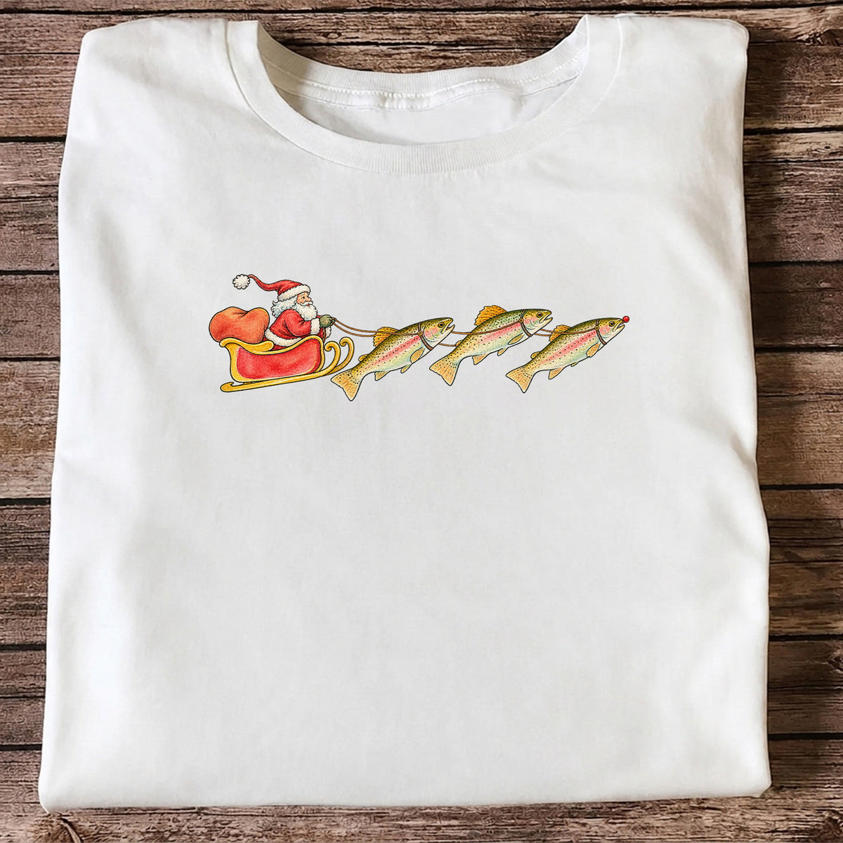Santa Sleigh Pulling Rainbow Trout Fishing Graphic T-Shirt