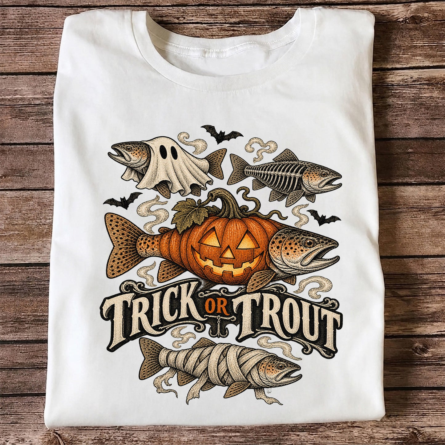 Trick or Trout Spooky Fish Halloween Graphic T-Shirt