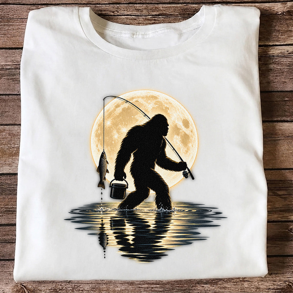 Bigfoot Fishing Under a Full Moon Graphic T-Shirt
