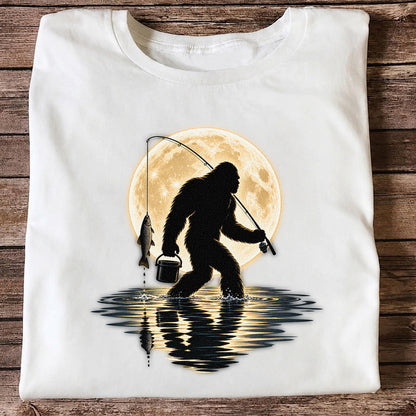 Bigfoot Fishing Under a Full Moon Graphic T-Shirt