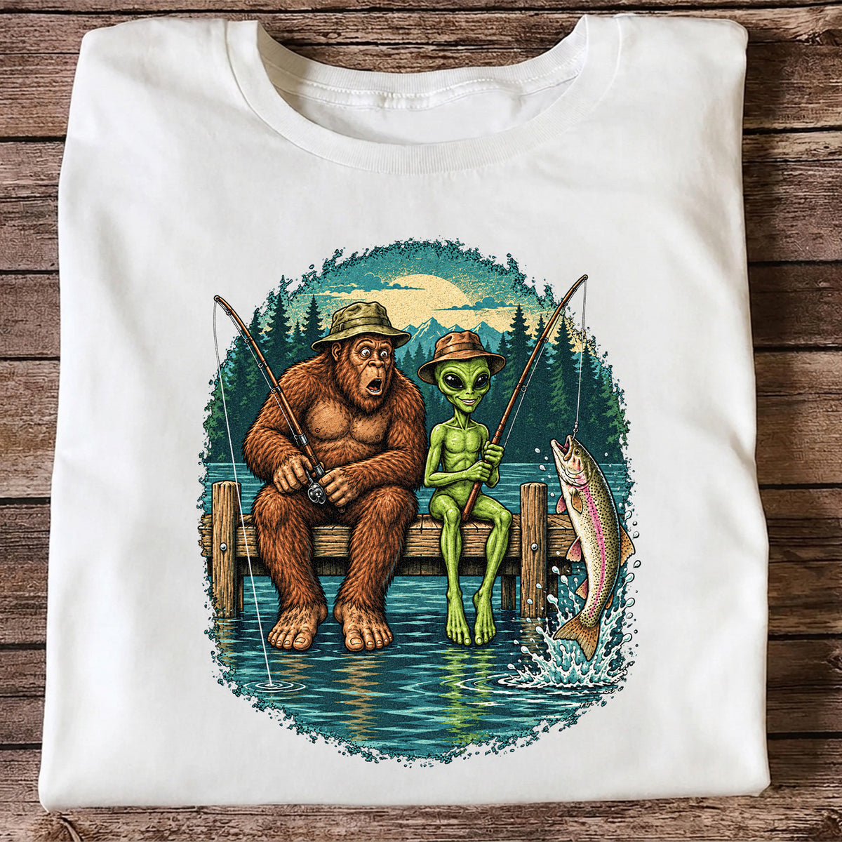 Bigfoot and Alien Fishing on a Dock with Rainbow Trout Graphic T-Shirt