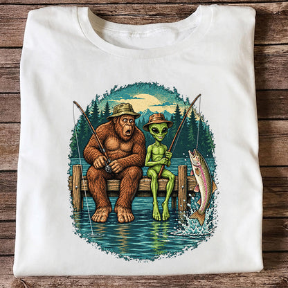 Bigfoot and Alien Fishing on a Dock with Rainbow Trout Graphic T-Shirt