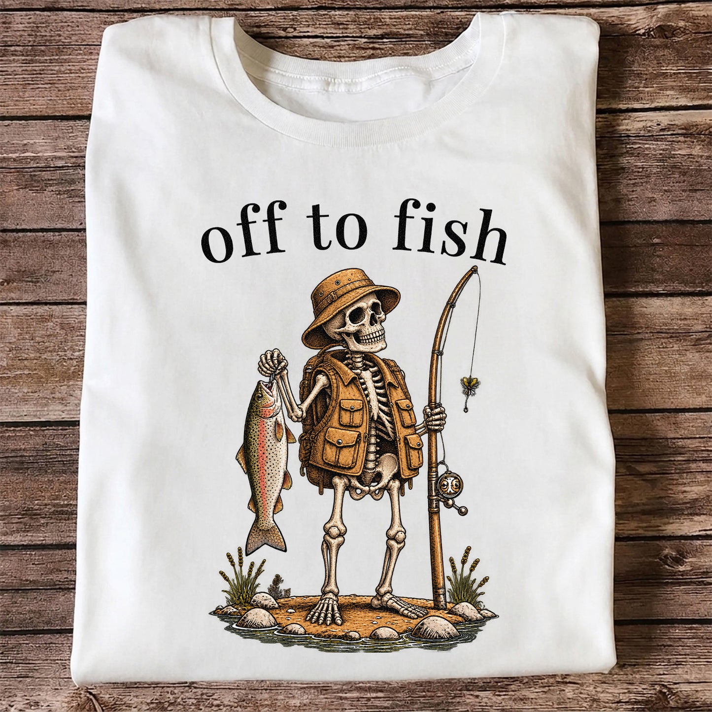 Off to Fish Skeleton Angler Funny Fishing T-Shirt