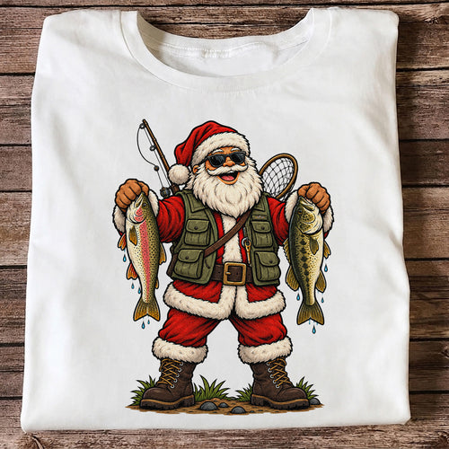 Santa Holding Rainbow Trout and Bass Christmas Fishing Graphic T-Shirt