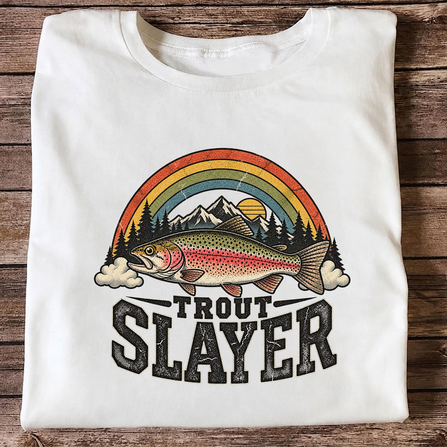 Trout Slayer Rainbow Trout Mountain Sunset Fishing T-Shirt