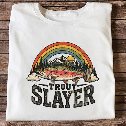 Trout Slayer Rainbow Trout Mountain Sunset Fishing T-Shirt