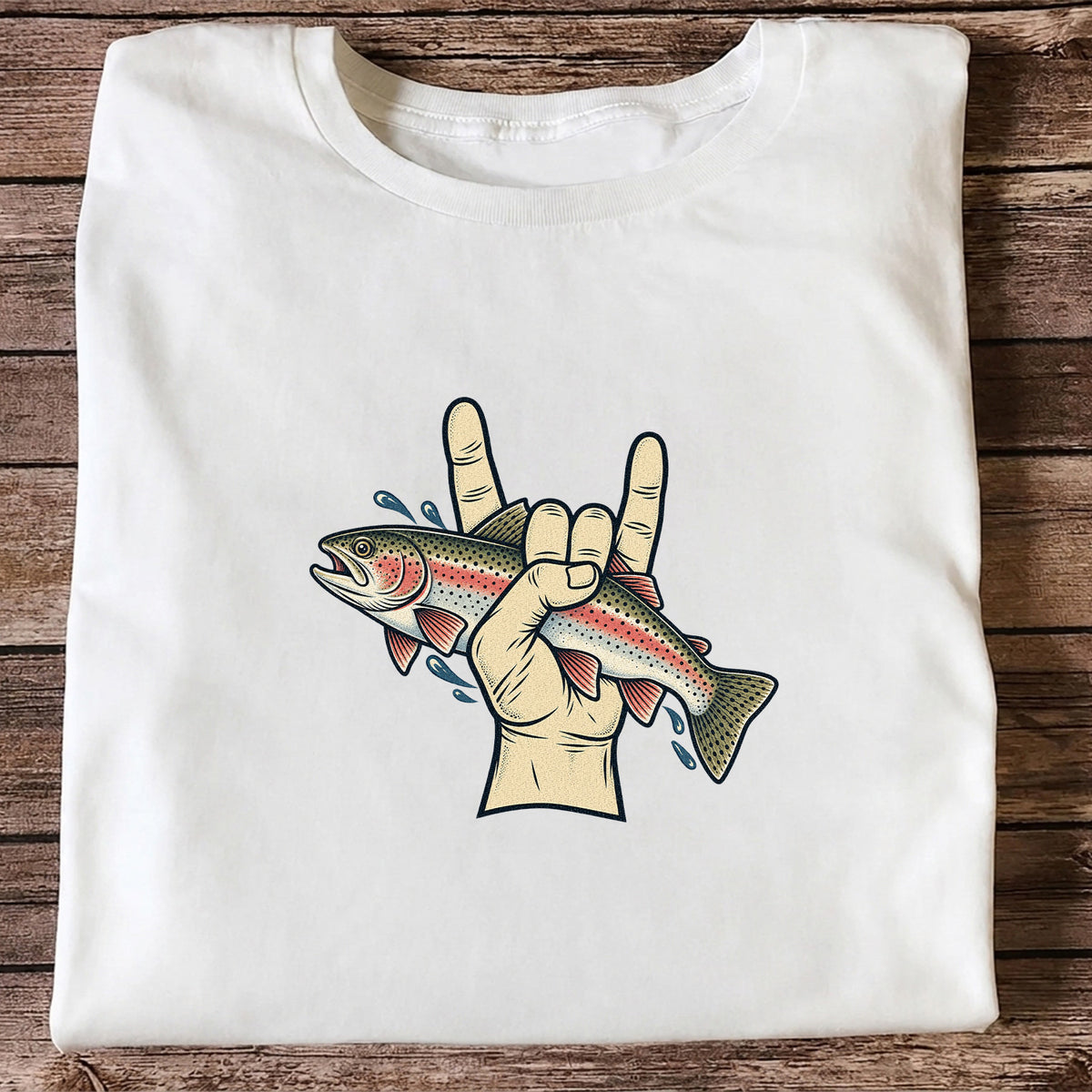 Rainbow Trout Rock On Hand Gesture Fishing Graphic T-Shirt