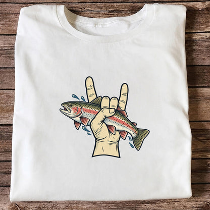 Rainbow Trout Rock On Hand Gesture Fishing Graphic T-Shirt